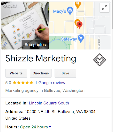 Screenshot of a Google Business with the business’ contact information and Google Map.