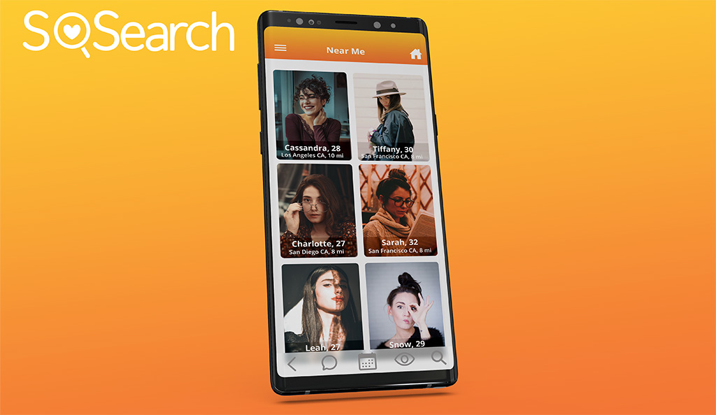 A mobile phone showing a six-tile photograph of different people with SOSearch logo on Case Studies top. 